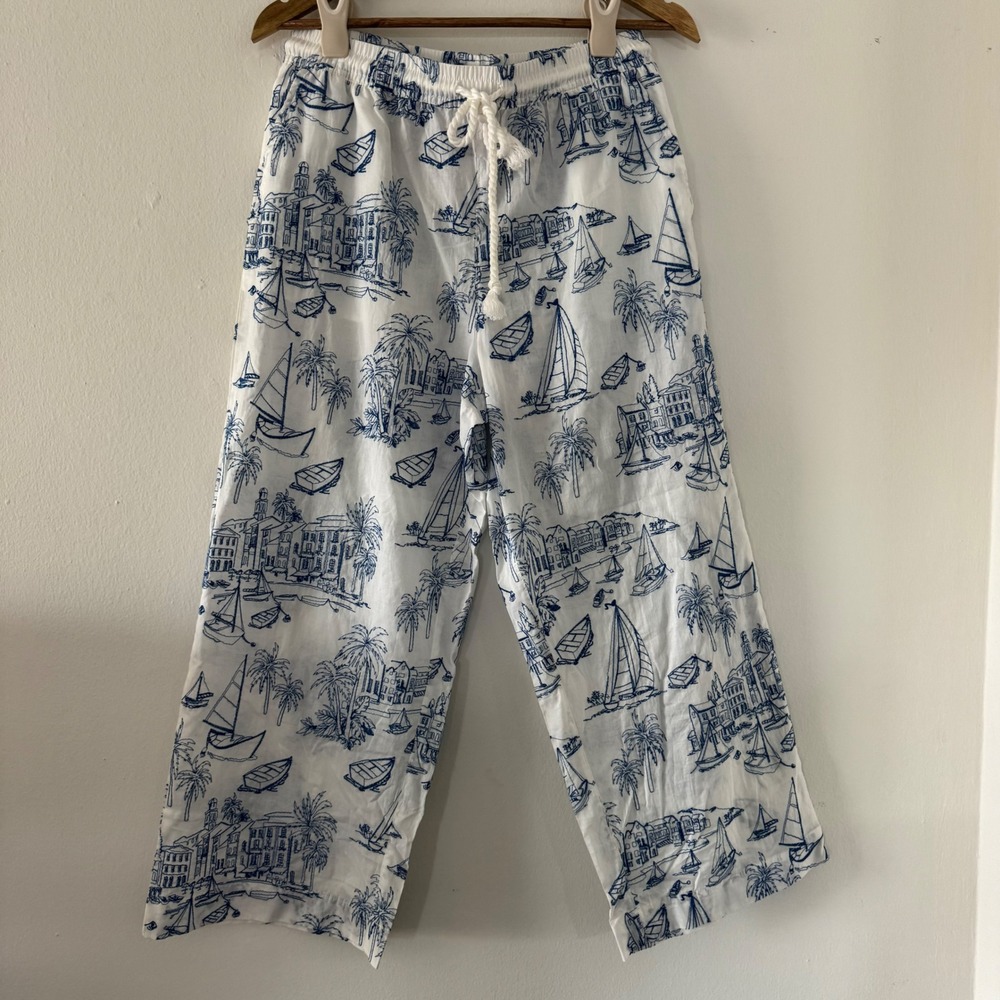 Cynthia Rowley M Nautical Toile Embroidered Wide Leg Crop Pants Vacation Beach